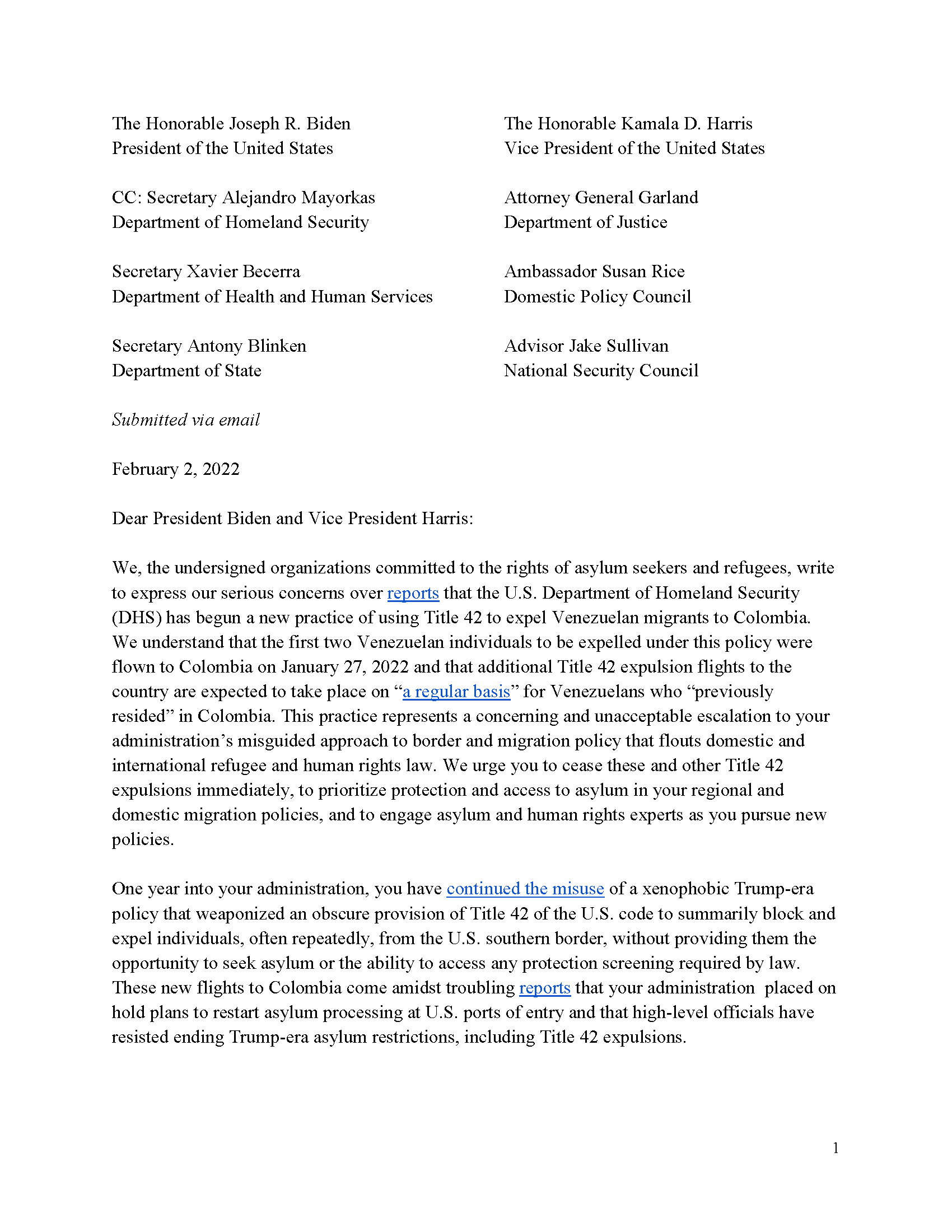 Letter to the President Biden and Vice President Harris on Expulsion