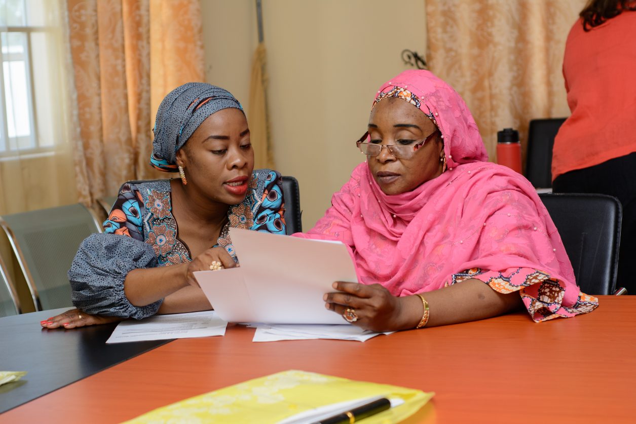 Two women in Borno State, Nigeria, participate in village health worker training.